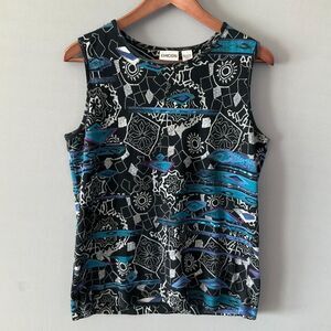 Chicos Cotton Shirt Art to Wear Sequin Print Sleeveless Casual Top Size 1 MEDIUM